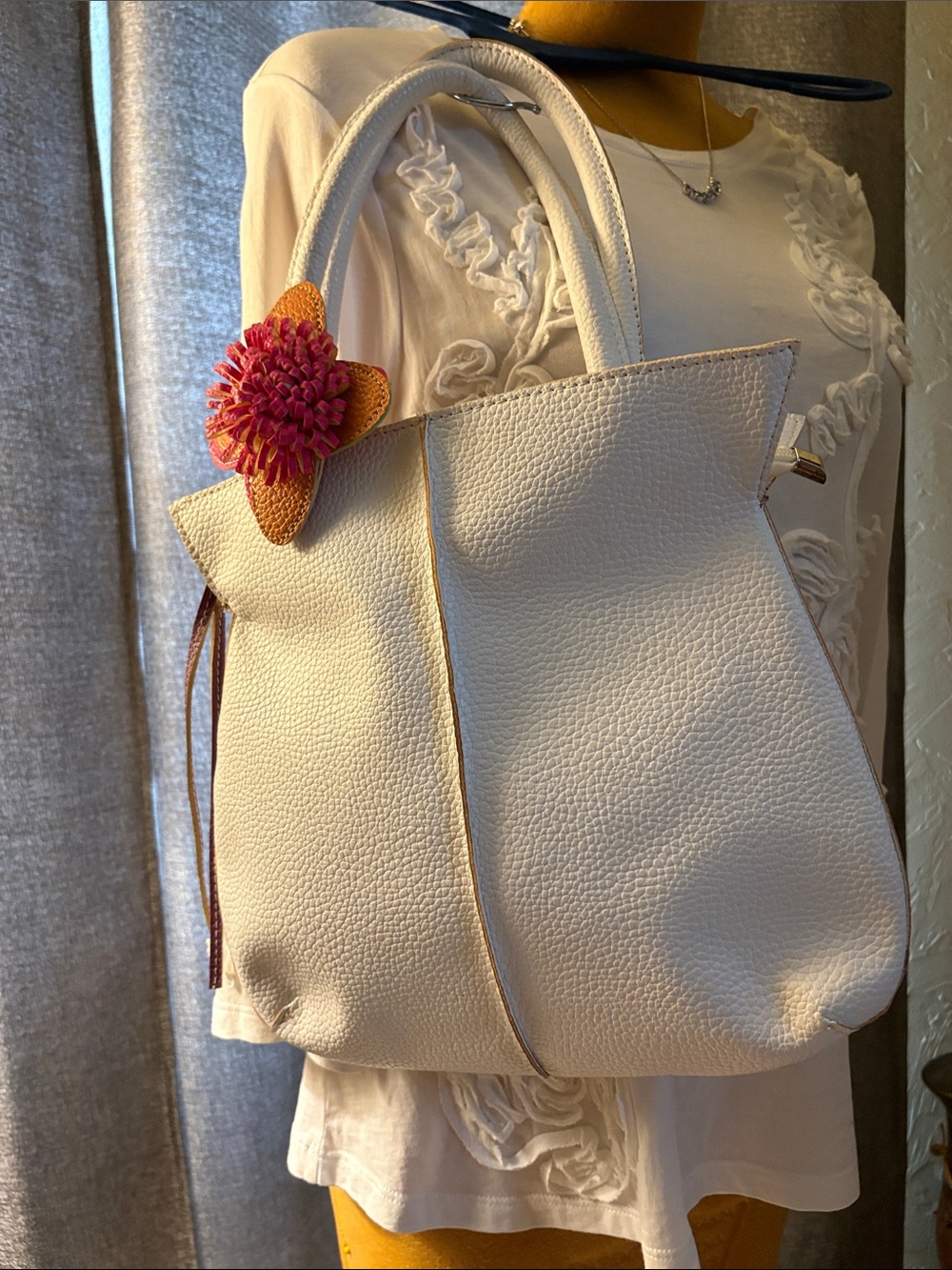 Cream Textured Shoulder Tote with Pink Floral Accent